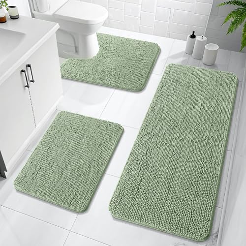 OLANLY Bathroom Rugs Sets 3 Piece, 47"x20"+24"x16"+24"x20", Sage Green