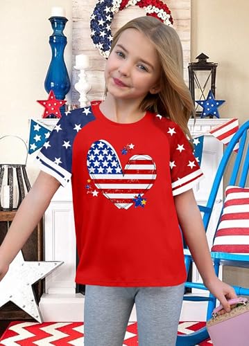 Image of CAZYCHILD Girls 4th of July USA Shirt American Flag Patriotic T-Shirt Independence Day Outfit for Kids 5-14Years