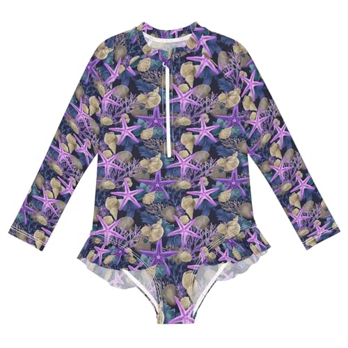 ALAZA Cute Coral Starfish Seashell Girls One Piece Swimsuit Long Sleeve Rash Guard Swimsuits UV 50+ Swimwear Zipper