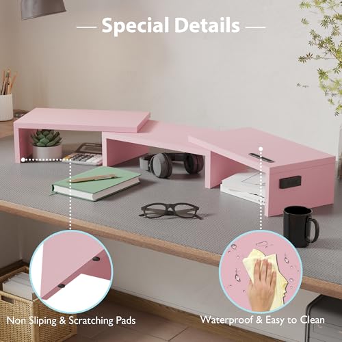 Image of BONTEC Dual Monitor Stand Riser with Smartphone Holder, Adjustable Length & Swivel Angle, Ergonomic Wooden Desktop Organizer for PC Monitor, Laptop, Printer, Large Storage, 42.5 in, Pink