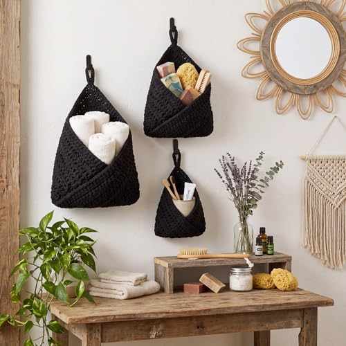 Image of Honeydak 3 Hanging Baskets, Black, Triangle, Cotton Rope