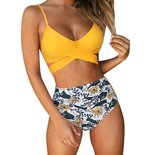 RUUHEE Women Criss Cross High Waisted String Floral Printed 2 Piece Bathing Suits (S(US Size 4-6), Yellow)