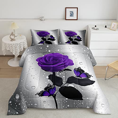 3D Rose Comforter Set Rose Floral Print Bedding Set Romantic Flowers Comforter For Kids Boys Girls Children Teens Bedroom Decor Purple Rose Butterfly Duvet Set King Size Quilt Set With 2 Pillow Case #TOP27