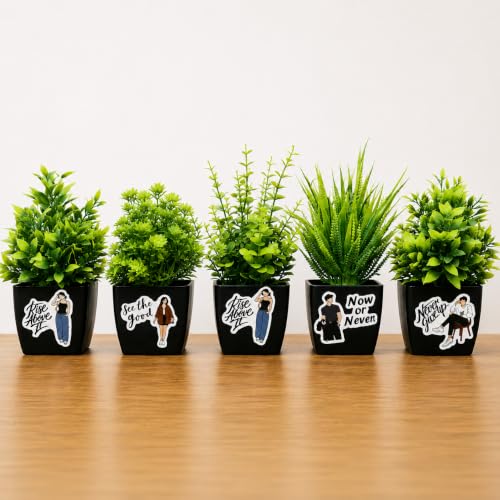 Image of Artificial Plants with Motivational Quote Pots Set of 5 | Mini Fake Plants for Home Decor | Indoor Office Desk Table Decor | Decorative Plastic Planters for Living Room, Bedroom, Balcony & Gift Items