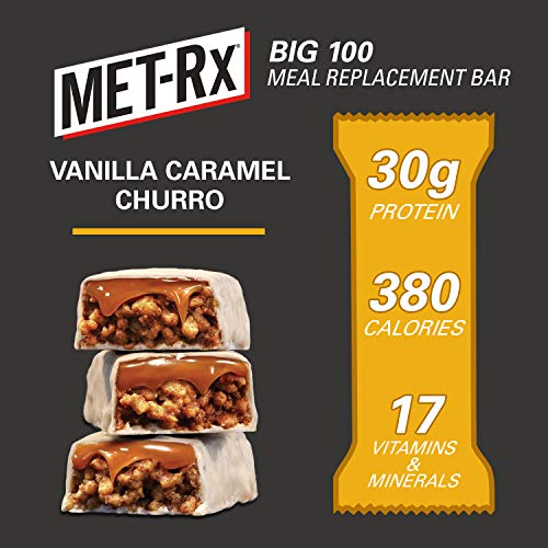 Image of MET-Rx Big 100 Colossal Protein Bars, Vanilla Caramel Churro Meal Replacement Bars, Brown, 9 Count (Pack of 2)