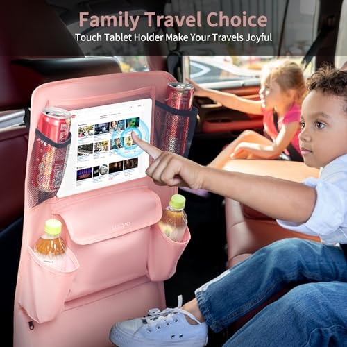 Image of LUCMO Car Backseat Organizer with Touch Screen Tablet Holder, Pink | 9 Storage Pockets,Clear Tablet Holder,Protectors Kick Mats,Travel Accessories,Seat Cover,Road Trip Essentials