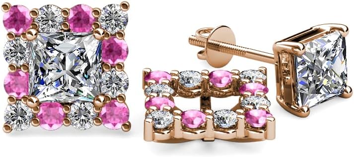 Pink Sapphire & Natural Diamond Halo Jacket for Princess Cut Stud Earrings 0.74 ctw 14K Gold