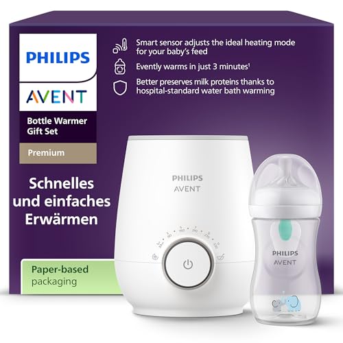Philips Avent Flaschenwärmer Geschenkset – Schneller Premium-Flaschenwärmer und Natural Response Babyflasche, intelligente Temperaturregelung, automatische Abschaltung, Auftaufunktion, SCF358/10