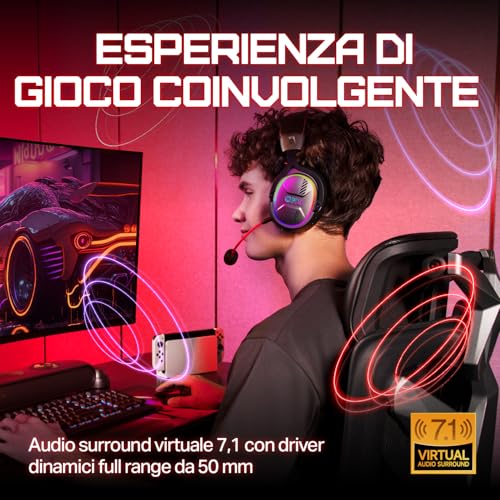Storm G2 Cuffie da Gioco Wireless, Audio Surround Virtuale 7,1, 3 Modalità EQ, Bassa Latenza 2,4 GHz, Driver da 50 mm, Luce RGB, Bluetooth 5.3, Compatibile con PC, Console, Cellulare, Nero - Cuffia gaming - Immagine 1