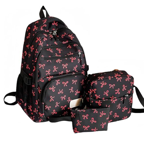 3pcs Set Bow Backpack for Girls, Nylon Coquette Backpack with Bow Pattern, Cute Comfy, for Everyday Travel, College (Black Red)