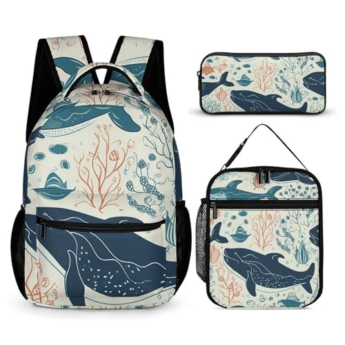 Underwater Whale Backpack Set 3 Piece, Durable Backpack Insulated Lunch Bag Portable Pencil Case for Men Women