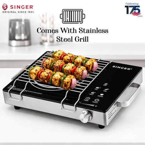 Image of SINGER Infrared Venus Pro 2200W Induction Cooktop | Glass Top | Touch Control | 4 Preset Modes | Zero Flame Cooking | 3-Hour Timer | Suitable for All Utensils | Grill Set Included - Black