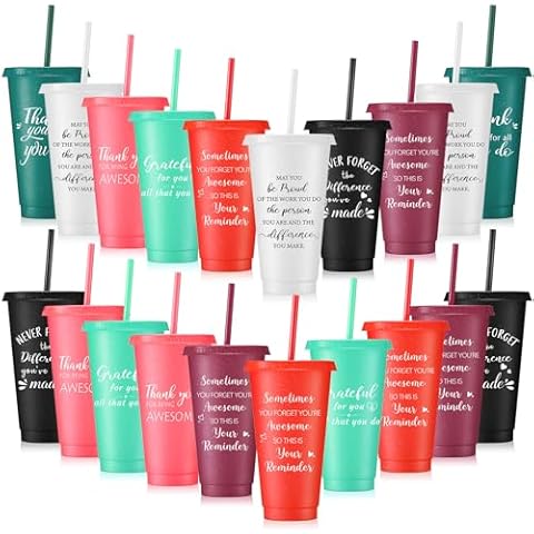 Zhehao 20 Pcs Thank You Cup Tumblers Employee Appreciation Gifts Bulk, 24 oz Plastic Coffee Cups with Straws and Lids, Team Gifts for Staff Coworker Friends(Bright Colors) Cover