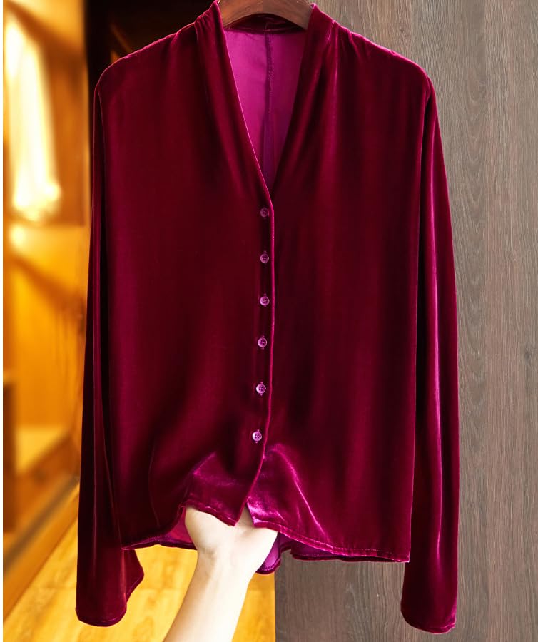 Women Button Down Velvet Shirts Dressy Long Sleeve V Neck Tops Tunic Vintage Casual Velour Loose Work Blouse2