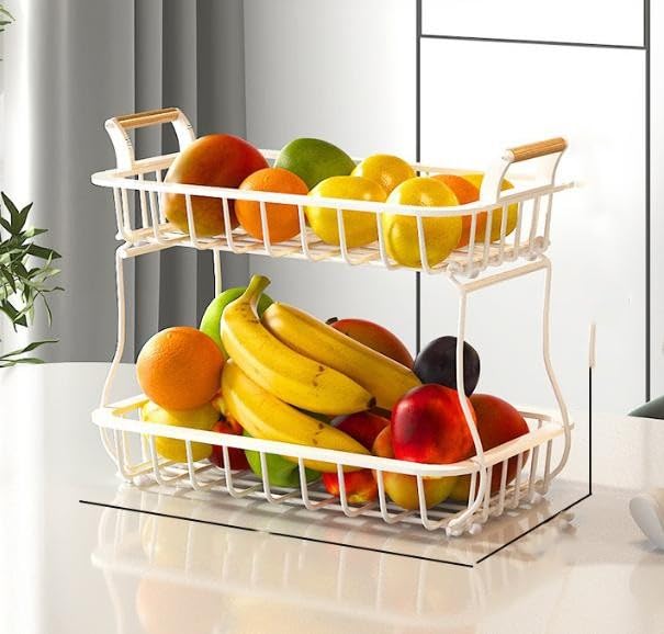 OHMG - Cesta de frutas de 2 pisos, cesta para frutas de pared, cesta apilable y montable en la pared con tapa de madera para almacenamiento de frutas vegetales (blanco, 37 x 22 x 33 cm)