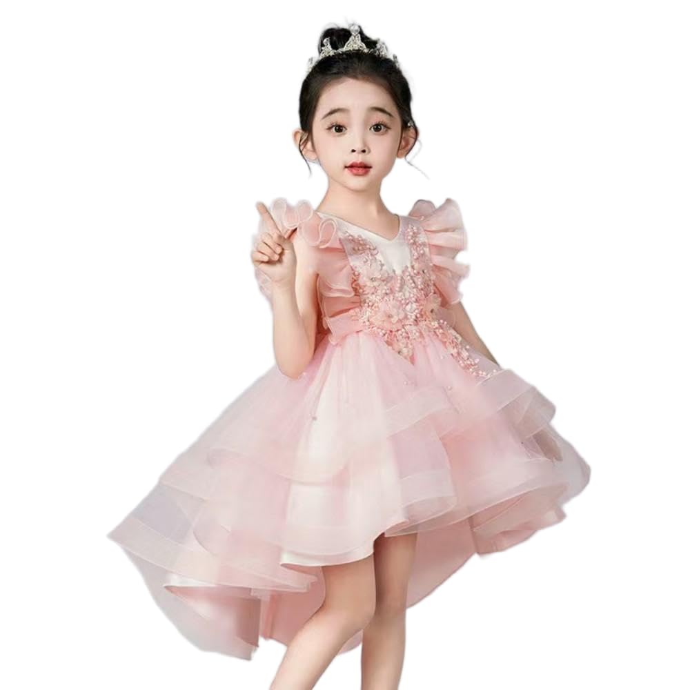 ZBDZSW Mädchen Sommerkleid Kleine Fliegende Ärmel Ziehen Netz Ponchy Prinzessin süße Bohnen Sand lang