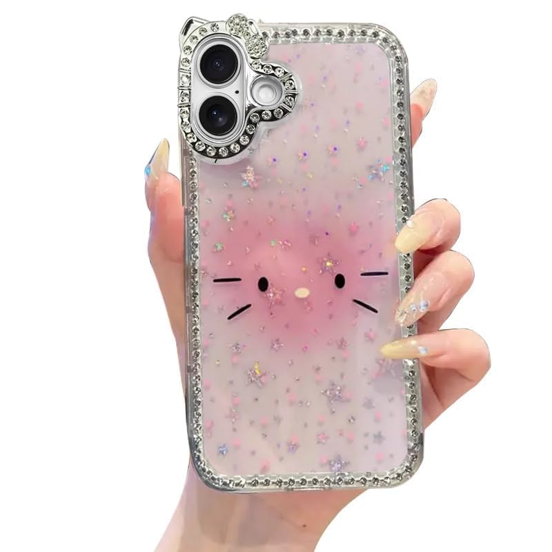Image of mobistyle Designed for iPhone 16 Plus | Sparkling Cat Pattern Camera Protection Back Cover Case for Women Girls | iPhone 16 Plus Case (Pink)