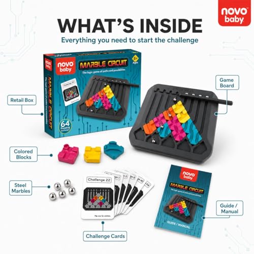 Image of Novo Baby Marble Logic Puzzle Game for Kids 8+ Years | STEM Brain Teaser Circuit Challenge with 64 Challenge Cards & 24 Pieces | IQ Thinking Game, Educational Toy, Single Player Board Game