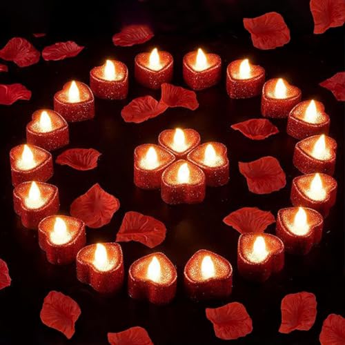 Lot de 24 bougies lumineuses à LED romantiques en forme de cœur, décoration romantique pour la Saint-Valentin, sans flamme, table de mariage