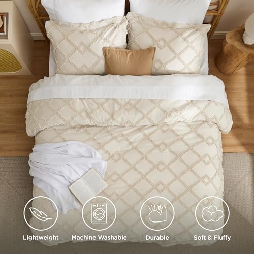 Bedsure Boho Comforter Set King - Beige Tufted King Size Comforter, 3 Pieces Farmhouse Shabby Chic Embroidery Bed Set, Soft Fluffy Geometric Pattern Bedding for All Seasons