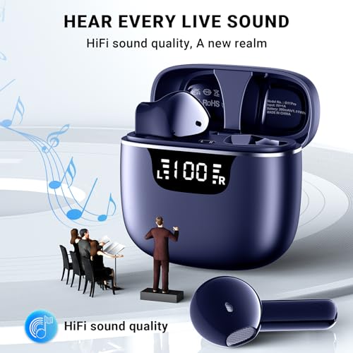 Image of Wireless Earbuds, Bluetooth 5.4 Headphones with 42H Ultralight Ear Buds,Bluetooth Earbuds with 4 ENC Noise Cancelling Mics, HiFi Deep Bass Dual LED Display USB-C, Waterproof Earphones Blue
