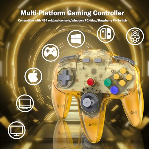 Image of KIWITATA N64 USB Wireless Controller for Switch Console, 2.4ghz Rechargeable Wireless N64 Remote Joystick Game Controller for Switch /Switch 2 /Switch Lite, MAC, PC Windows 7,8,10,11 Clear Yellow