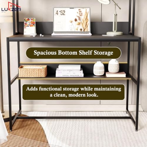 Image of Lukzer Wooden Study Table with Bookshelf & Hutch | MST-011 /Black & Black | Engineered Wood & Metal Office Desk with 3 Storage Shelf for Home | Writing & Computer Table for Laptop (105x103x50 cm)