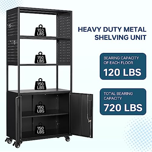 Miiiko Metal Garage Shelving Unit With Wheels, 5 Tire Rolling Shelf Cabinet With 2 Pegboards, 71" Large Metal Storage Shelves For Garage Pantry Home Office And Kitchen #TOP4