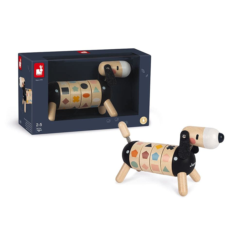 Janod - Cane in Legno Forme e Colori - Collezione Sweet Cocoon - Giocattolo Didattico e Prima Infanzia Dipinto Ad Acqua - Imparare Forme e Colori - A Partire dai 2 Anni in su, J04421