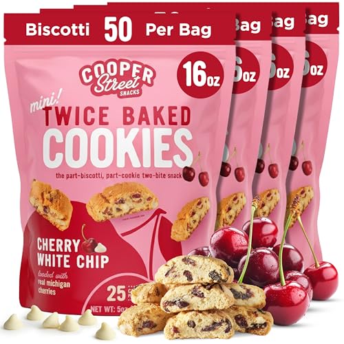 Image of Cooper Street Twice-Baked Cherry White Chip Biscotti Cookies (16 oz Pack of 4) - Over 50 Biscotti Cookies per Bag Loaded with Real Fruit, Traditional Italian Style Snacks - Dairy, Peanut & Soy Free