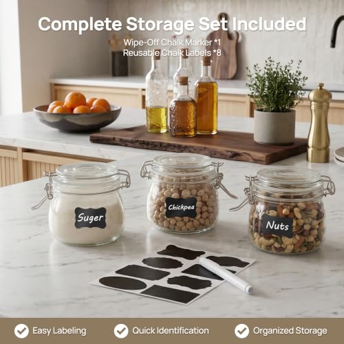 Image of Vtopmart 16oz Glass Food Storage Jars with Airtight Clamp Lids, 3 Pack | Food Storage Canisters, Wide Mouth Canning Jars for Spices, Jams, Coffee Beans, Pickles, Pantry Organization, Shallow Drawers
