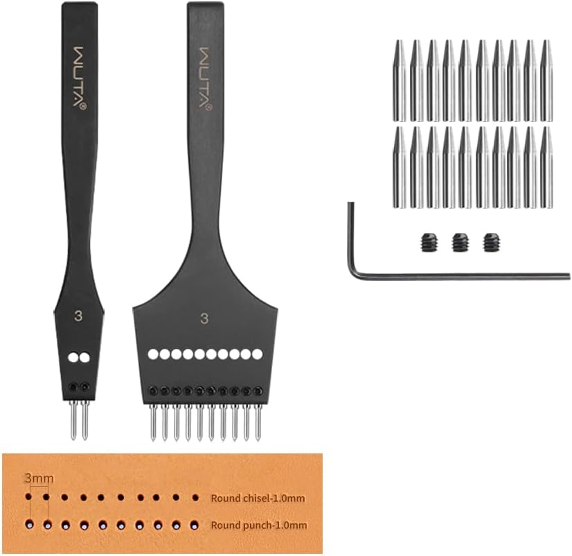 Removable Circle Leather Hole Punch Lacing Stitching Professional Working Hand Tool Kit Round Hole Puncher Craft Chisel Cutting Punches Kits 2nd Gen 3mm-(2+10)
