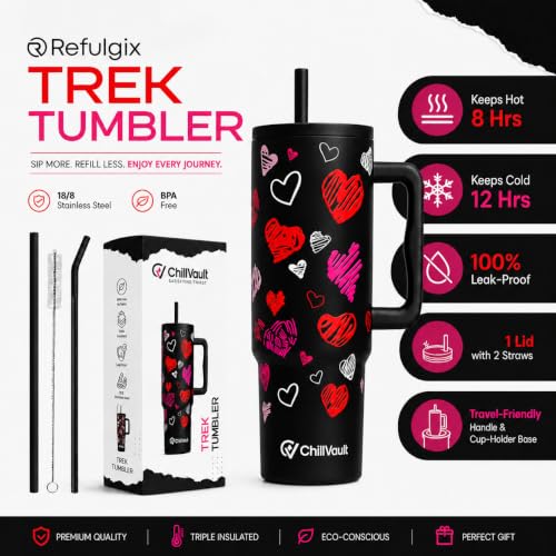 Image of REFULGIX ChillVault 1200ml Stainless Steel Tumbler | Double-Wall Vacuum Insulated Travel Mug with Handle, Leak-Proof Lid & 2 Reusable Straws | Keeps Drinks Hot & Cold | Black