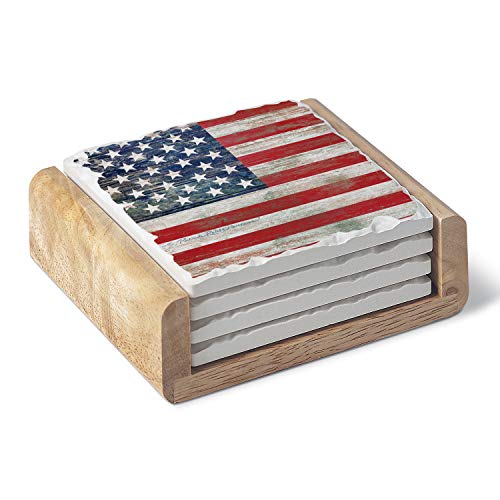 Highland Home Absorbent Stoneware Coaster Set with Wooden Holder- Americana Made in The USA Highland Home Absorbent Stoneware Coaster Set with Wooden Holder- Americana Made in The USA