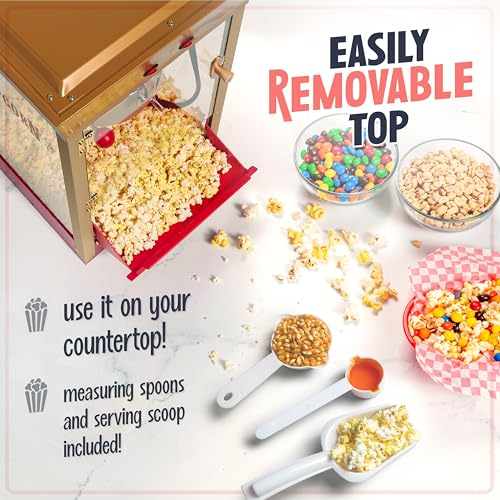 Nostalgia Popcorn Maker Machine - Professional Cart With 8 Oz Kettle Makes Up to 32 Cups - Vintage Popcorn Machine Movie Theater Style - Red & Gold