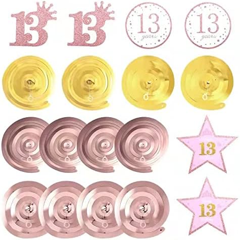 Miniatura 5 de Decoración de fiesta de cumpleaños número 13 de oro rosa, pancarta de feliz cumpleaños 13 con purpurina, pompones, kit de espirales colgantes