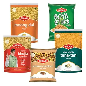 Bikaji Snacks Combo – SOYA STICKS & BHUJIA & TANA-TAN (Aloo Bhujia) & Moong Dal & ROASTED CHANA CRACKER | 5 Pack Variety | Bar Snacks, Party Mix & Tea-Time Treats – 1 Kg