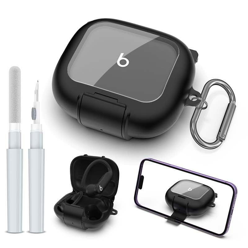 Protective Cover for Beats Powerbeats Pro 2 Case with Secure Lock & Phone Stand Shockpoof Protection Clear Case Compatible with Beats Powerbeats Pro2 Earbuds with Cleaner Kit & Keychain (Black)