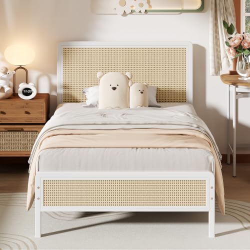 IMMERSTABLE Rattan Twin Bed Frame with Headboard Boho Twin Metal Platform Bed Frame with Steel Slats Under Bed Storage Rounded Corners No Box Spring Needed Quiet Design Easy Assembly White