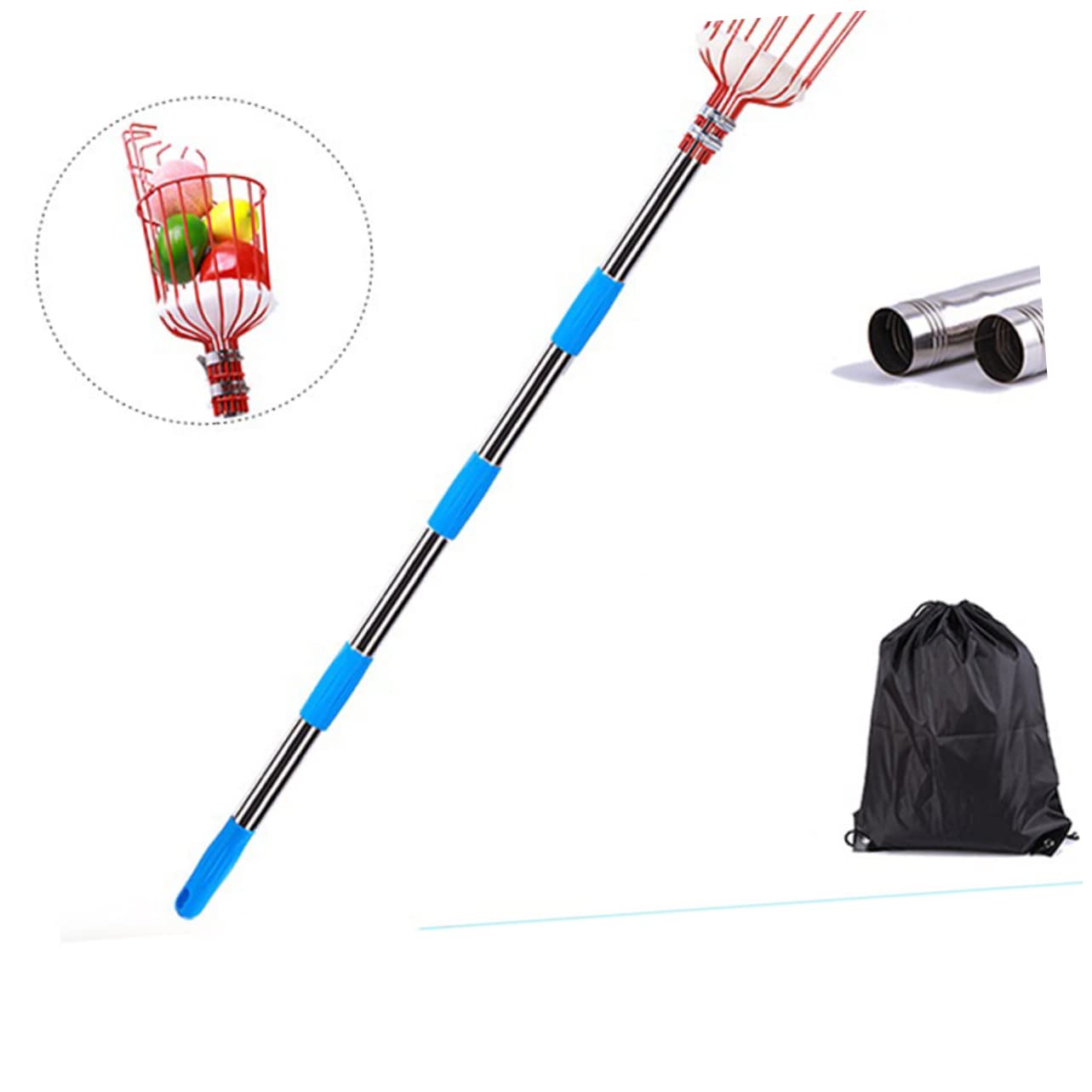 INOOMP Raccoglitore di Frutta Attrezzo per Raccogliere la Frutta Asta in Acciaio Inossidabile Giardinaggio Frutteto Parco Giardino Sezioni Rosso Argento