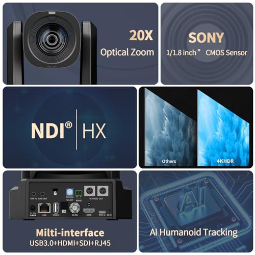 Câmera 4K NDI PTZ, câmera NDI|HX2 com zoom óptico de 20X e rastreamento automático de IA com saídas