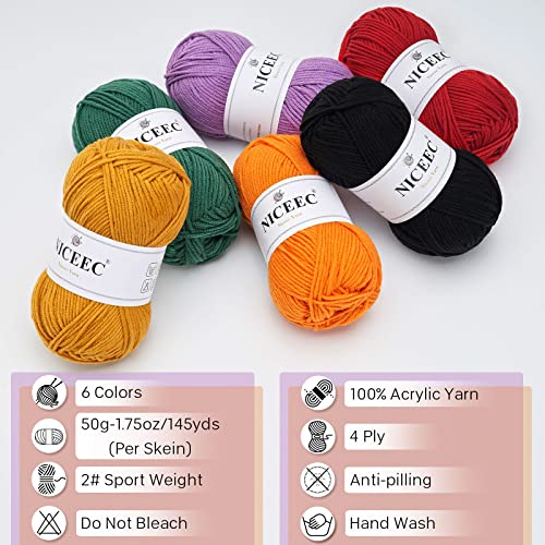 Image of NICEEC 300g Soft Assorted Colors Yarn - Sport Weight,100% Acrylic, 4 Ply, Bonbons Yarn for Crochet & Knit, DIY Project Starter Kit for Kids or Adults(Total 870yds) - Halloween