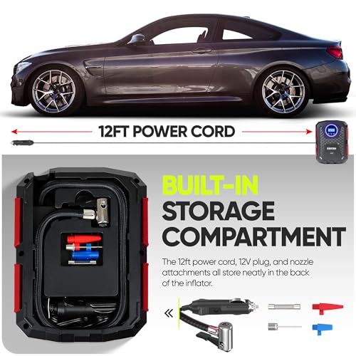 Image of FORTEM THE EXTRA MILE Digital Tire Inflator for Car W /Pressure Gauge - Portable Air Compressor - Electric Auto Pump | Easy to Store - Auto Shut Off - 12V DC - 3 Attachments Bonus Carrying Case