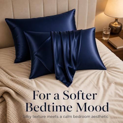 Silk Pillow Cases Standard Size with Hidden Zipper, Mulberry Silk Pillowcase for Hair and Skin, Cooling Smooth Anti Acne Pillowcase, Ideal Gifts for Women Men(Deep Blue) — view 6