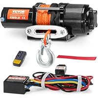 VEVOR Seilwinde 12V, 4500 lbs/2041 kg, Elektrowinde 12 V DC für Geländefahrzeuge/UTVs, Motorwinde mit 12-strängigem Synthetikseil (Φ0,6 x 1188,7 cm), Aluminium-Seilführung, Fernbedienungen, IP55