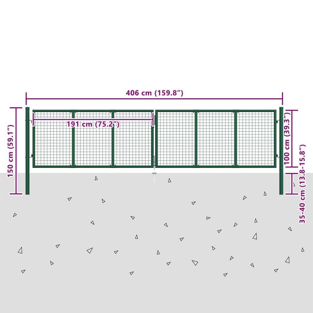 Brama ogrodowa z siatki z ocynkowanej stali, 400 x 100 cm, zielona, podwójna brama ze skrzydłem bramy, zawiasem, zamkiem i słupkiem do ogrodu, na taras, podwórze, wjazd, z zestawem montażowym
