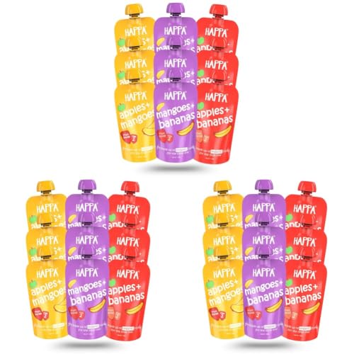 Image of Happa Organic Baby Food Puree | 100% Fruits | No Added Sugar, No Milk Powder, No Preservatives | Stage 2 (6 Months+) | Ready to Eat | Free from Common Allergens | Pack of 27 (100g Each)