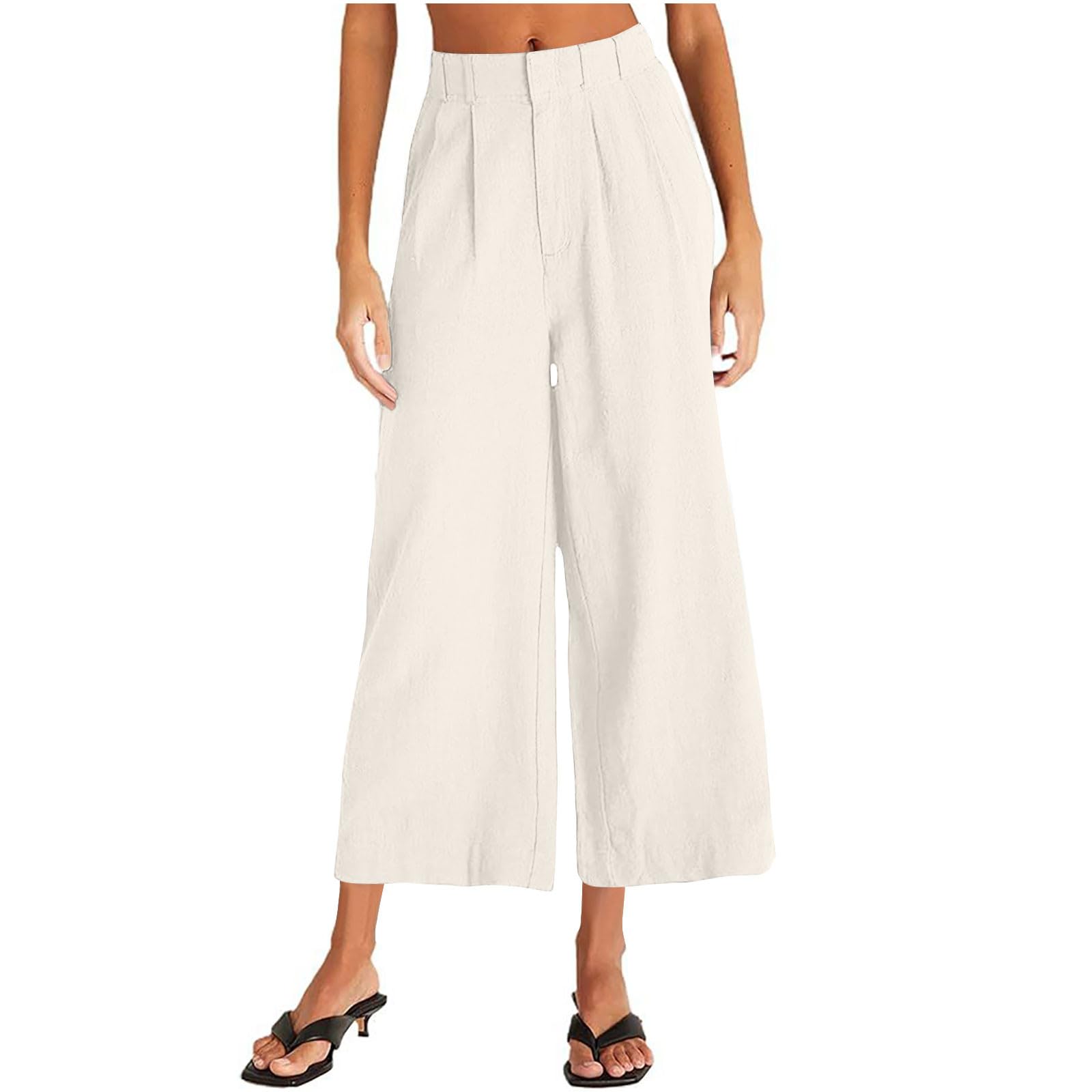 Wide Leg Capri Pants for Women High Waist Cotton Linen Flowy Pleated Capris Cropped Pant Casual Trousers with Pockets