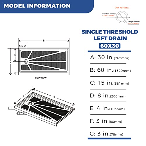 Ckb 60 In. L X 30 In. W Left Drain Shower Base, Single Threshold Shower Pan With Slip Resistant Textured Surface, White #TOP1