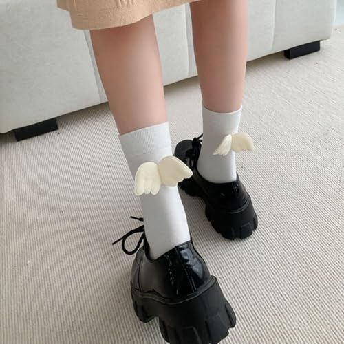 Elastic Polyester Cotton Breathable Angel Wing Streetwear Sport Socks Knitted Stocking Middle Tube Socks Long Socks(White)4